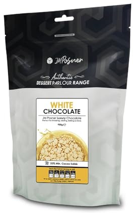 JM Posner White Chocolate Chips for Baking Chocolate Fountains, No Oil Required, Natural Vanilla Flavour, 900 Grams Bag, Mini Chip Form, 33% Cocoa Content