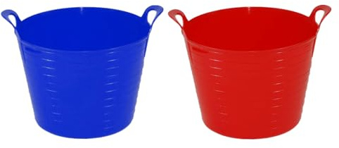 Set Of 2 - LARGE 42L Litre BLUE and RED Robust Versatile Multipurpose Flexi Tub Plastic Storage Container Laundry Basket Feeding Bucket Polyethylene Flexi Tub - MADE IN UK