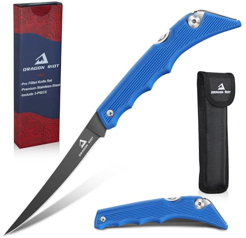DRAGON RIOT Folding Fillet Knife for Fishing Camping Hunting Blue, Boning Knife for Meat Cutting and Carving with a Easy Carrying Bag