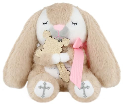 Lapin en peluche de prière avec croix en bois pour baptême, jouet en peluche pour nouveau-né, garçons et filles. Confort durable. (Rose)