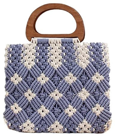 ASHSDI Strohtaschen Damen Baumwollseil Gewebte Handtasche Mit Holzgriff Frauen Kleiner Griff Handtasche Urlaubseinkaufstaschen Täglich Sommer Strohsack Strandtasche (Color : Blue, Size : 30 * 26cm)
