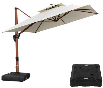 PURPLE LEAF Parasol Déporté 2,7 x 2,7 m Carré avec pied, Aspect du Teck en Aluminium, Parasol de Jardin Extérieur à Toit Double Rotatif 360°, Pour Terrasses, Piscines, Restaurants, Crème