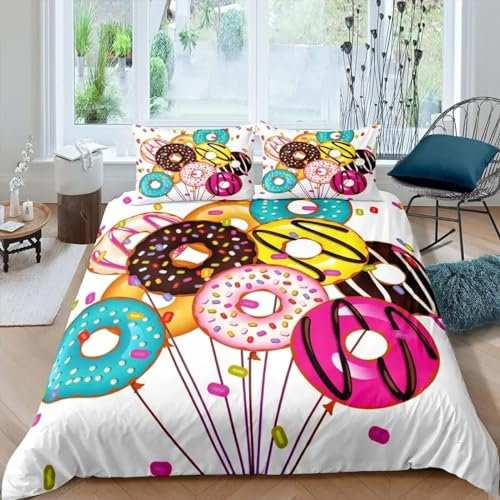 Set Copripiumino Matrimoniale 260x240 Ciambelle Biancheria da Letto in Morbida Microfibra Stampa 3D Ragazza Carina Copripiumini con Cerniera + 2 Federe, E2262