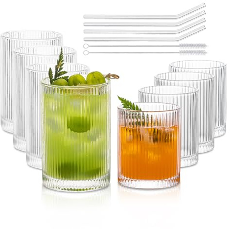 INSETLAN Set of 8 Ribbed Glassware - 4 Large Glasses 17 oz, 4 Rocks Glass Cups 10 oz, Vintage Glassware Cocktail Glasses, Ideal for Beer, Juice, Water, Ice Coffee Cup, Whiskey, Mixed Drinkware
