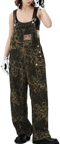 Aelfric Eden hängselbyxor dam leopard jeans overaller säckig ledig stretchbyxor jumpsuit denim Y2K, BRUN, S