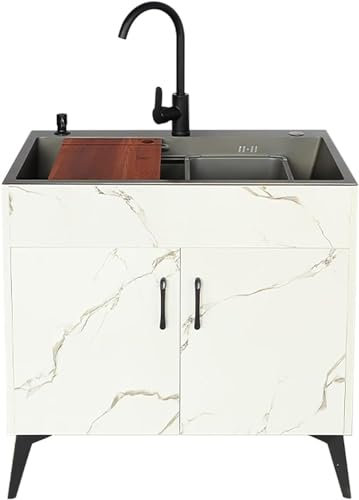 Lavandino da cucina autoportante con lavandini multiuso, con dispenser di sapone e rubinetto estraibile e spazioso mobiletto