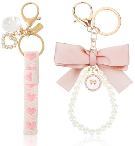 Tyqour 2 Stück Schlüsselanhänger - Rosa Schleife Perle Zubehör Geschenk für Frauen und Mädchen