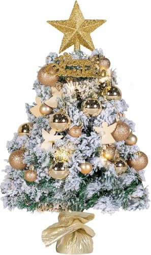NALONE Mini árbol de Navidad con iluminación LED, mesa y temporizador, 61 cm cubierto de nieve, pequeño árbol de Navidad con 27 piezas de adornos, 90 puntas de ramas, árbol de Navidad de mesa (Dorado)