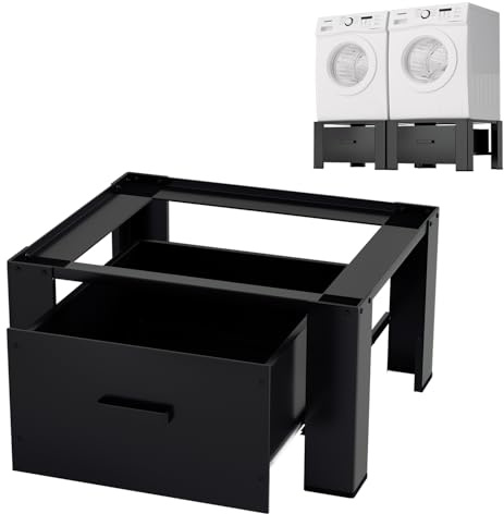 Izrielar Support de machine à laver avec tiroir 62,5 x 54,5 x 32,5 cm, meuble bas pour machine à laver jusqu'à 150 kg, étagère pour machine à laver, socle noir