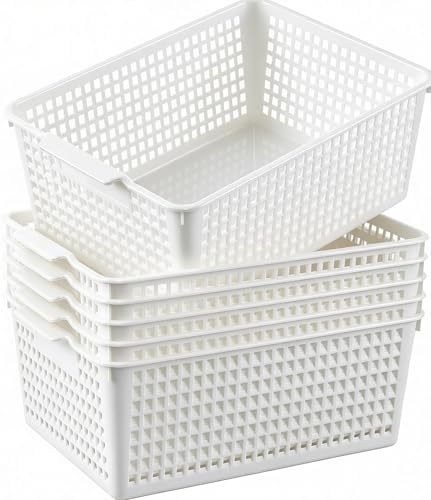 Loiycg 6 Packs Large Plastic Woven Storage Basket, Kitchen Cupboard Boxes | Rectangle Organiser Basket Bin For Pantry, Shelves, Bathroom, Bedroom, Office, Desktop, White