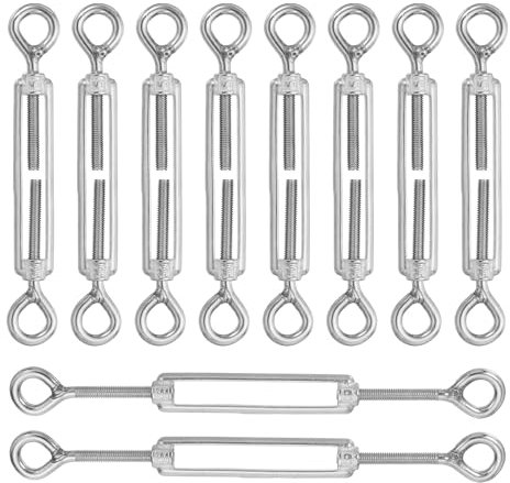sourcing map M5 Eye and Eye Turnbuckles for Cable Wire Rope Tension, 304 Stainless Steel Turnbuckle Adjustable for Shade Sail String Light Hanging Pack of 10