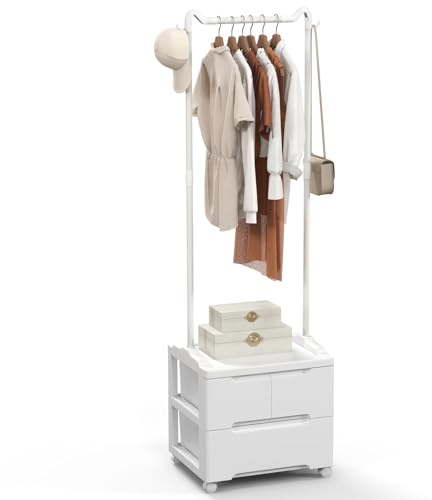 RELAX4LIFE Appendiabiti da Terra con 3 Cassetti, 4 Ruote Girevoli (2 con Freni) e Ganci, Carrello Organizzatore Portatile per Camera da Letto, Soggiorno e Lavanderia, 46x38x157cm (Stile1)