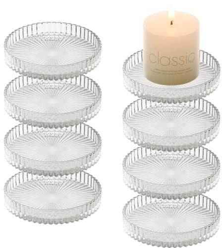 YoHyien 4 Pezzi Piattino Porta Candele 9 cm, Piatto per Candele in Vetro Trasparente, Sotto Candela per Tealight, Portacandele per Natalizie, Matrimonio Decorazione, Casa Festa e Cena (Ambra)