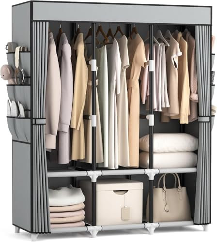 Vicye Armadio in Tessuto, Wardrobe Armadio Grande 19mm tubo metallico con 3 Barre Appendiabiti e 6 Tasche Laterali, Armadio da Campeggio Pieghevole per Camera da Letto e Spogliatoio Grigio