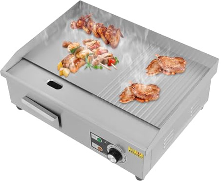 LUNICASHA Elektrisch Tischgrill Edelstahl, Kommerziell Elektrogrill 3000W, Elektrische Grillplatte 50-300 °C, Profi Elektrische Grillplatte, Links-Flach und Rechts-Konkav, 55x30cm