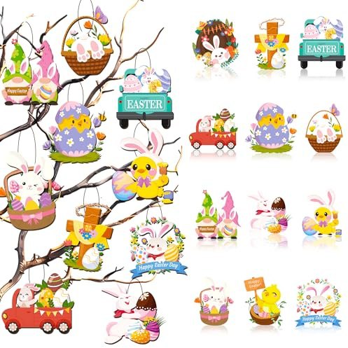 Oster Anhänger Deko, 37 Pcs Bunny Ostereier Tag Baumschmuck, Ostern Ornamente für Baum Osterfest hängenden Ornamenten aus Huhn und Hase