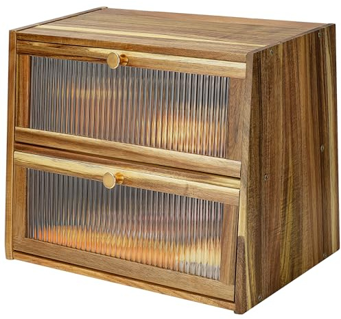 JUATPNIY Acacia Wooden Bread Box for Kitchen Countertop,Extra Large 2 Layer Breadbox Holder Farmhouse Bread Storage Container Bread Bin Food Organizer Pantry Shelf Acrylic Window