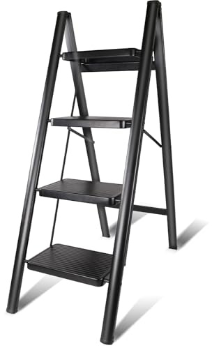 Step Ladder, 4 Steps, Kitchen Ladder, Iron, Wide Steps, Stable Load 150 kg, Easy to Carry