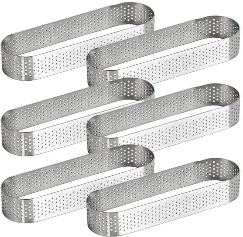 COSYOO 6 PCS Oval Tart Rings,5 Inch 304 Stainless Steel Perforated Tart Ring, Pastry Mold Rings for Baking, Nonstick Tart Mold for DIY Mousse Cheese Cake French Dessert Crust Tartlet,13 x 4.5 CM