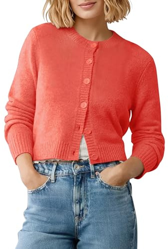 Mujeres Acogedor Manga Larga Frente Abierto Corto Cárdigan Slim Fit Cuello Redondo Button Down Punto Cardigan(M, Rojo Coral)