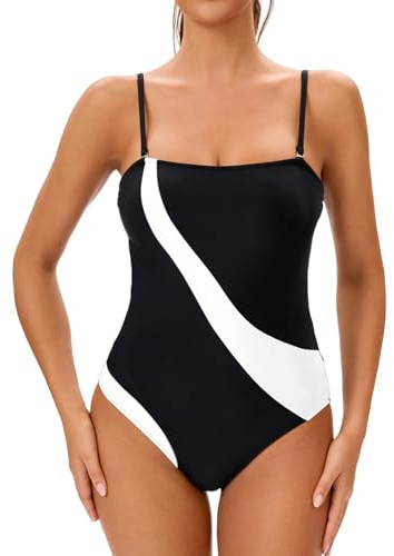 Meioro Mujere Traje de Baño de una Pieza, Bañador Deportivo Mujer Scoopback Deportivo con Tazas de Espuma Extraíbles, Bañadores Mujer Natacion Acolchado Atlético Women Swimsuit (Negro y Blanco, L)