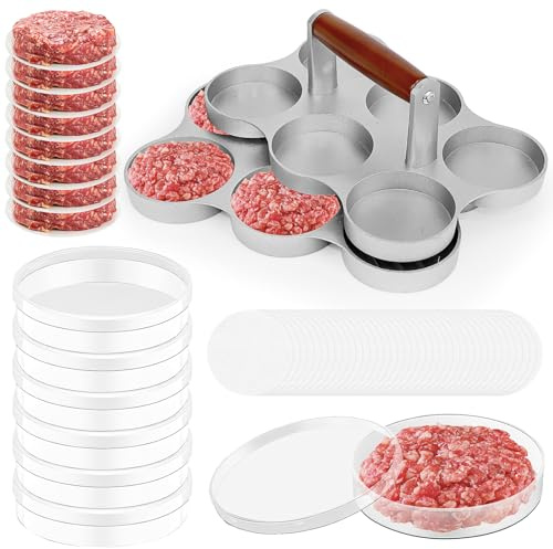 Mini Burger Press Set, Non Stick Patty Hamburger Maker with Handle, 6 Slots Meat Sausage Patty Mold with 200 Patty Papers & 6 Storage Containers, Burger Making Tool for Mini Burger BBQ Picnic Camping