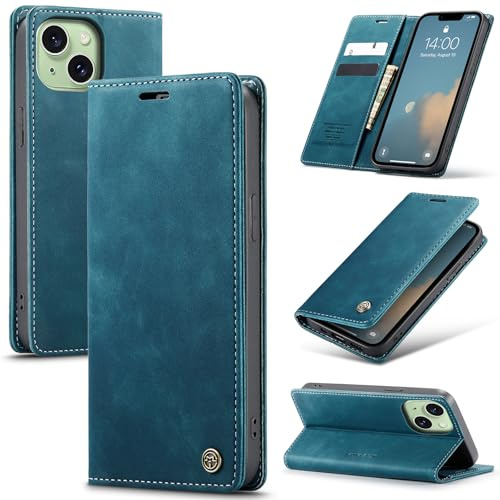 Azororo Cover per iPhone 15 5G, Premium PU Pelle Custodia, Magnetica Carta Fessura Portafoglio Case, Flip Cavalletto Custodia per iPhone 15 - Blu verde