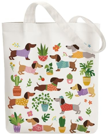 ANATTASOUL Bolsa de Tela Impresa Teckel Y Planta En Maceta, Tote Bag Tela Mujer,Shopper Algodón 38 * 40cm, Beige Bolsa de Transporte para Mujer, Saco Tote Bag de Lona Regalo con Cierre de Cremallera