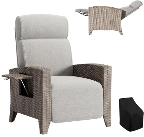 HAIORJUN Sillón Reclinable de Jardín en Ratán, Sillón Relax Ergonómico con Funda Protectora y Mesa Auxiliar Integrada, Tumbonas Jardin Exterior Ajustable 160°, para Interiores y Exteriores
