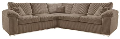 Dual Arm Couches | New Cord Fabric 2C2 Corner Sofa | Delta Large Five Settee 2 C 2 Suite | Soft Jumbo Cord 5 Seater Corner Sofas | Full Back Couch With Chrome Feet for Living Room (Mink)
