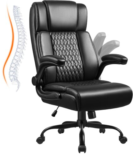 Waleaf Sedia Ufficio Ergonomica in Pelle, Poltrona Ufficio Direzionale, Sedia da Ufficio con Schienale Alto Basculante, Braccioli Pieghevoli, Rotelle 360°, per Casa e Ufficio, Nero