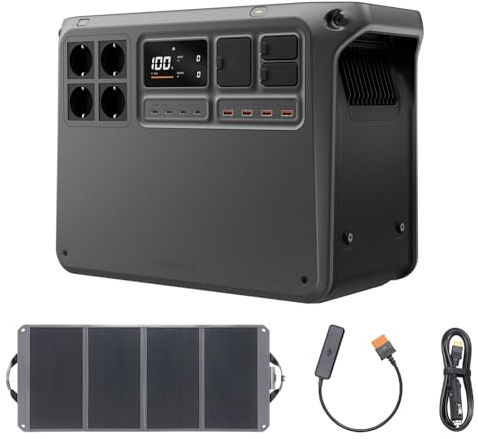 DJI Power 2000 Station électrique portable, batterie LFP de 2 048 Wh, sortie de 3 000 W, recharge de 0 à 80% en 45 min, format compact, panneau solaire 120 W, camping-car, toits, pour l’extérieur