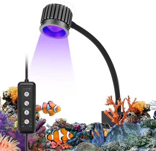 Lampada a morsetto a LED con illuminazione 24/7, 8 W, illuminazione a LED per acquario, con 5 livelli di luminosità e 3 timer, durata per acquari marini e bacini di corallo