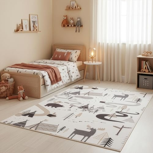 SIMPEX Kinderteppich Wald Tiere Spielteppich für Kinderzimmer in Creme mit Natur und Tier Motiv Größe 120x170 cm ideal als Spielteppich