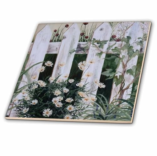 3dRose Weathered White Picket Garden Fence with Daisies and Vines 12 Inch Ceramic Tile