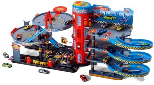 Kit de jeu XXL avec 4 étages, ascenseur de voiture et rampes de course – Grand garage avec voitures jouets, accessoires et parkings – Garage de jeu pour enfants à partir de 3 ans