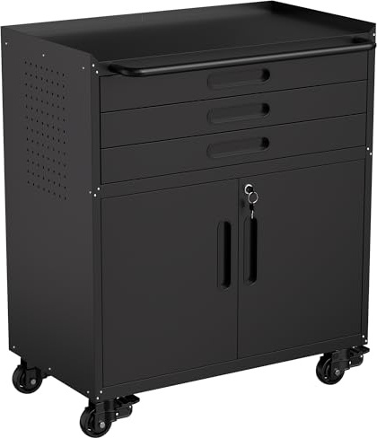 LLGWGL Svart verktygsskåp i metall med hjul | Mobil verkstadsskåp med 3 lådor låsbara dörrar hålväggar bänkskiva för garage verkstad, 87,3 x 75 x 42 cm
