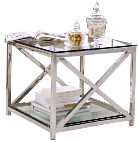 Loberon Beistelltisch Stamford, Silber/klar | Zeitlose & Schlichte Eleganz, glänzendes Gestell, Couchtisch, Abstelltisch, Beistellmöbel, Glas, Edelstahl