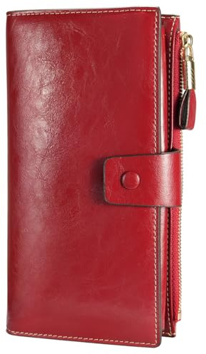 Itslife Womens RFID Blocking Large Capacity Luxury Wax Genuine Leather Wallet Clutch Ladies Card Holder, Red