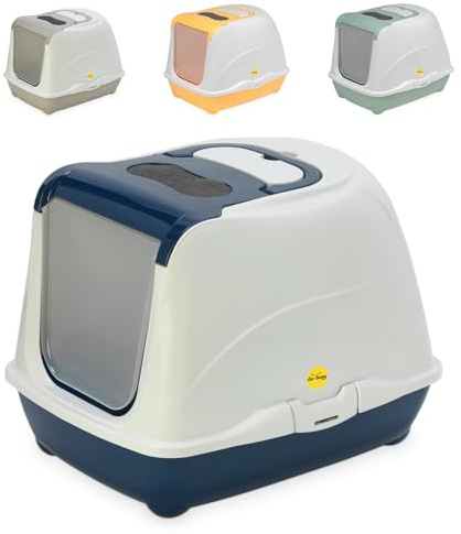 CAT CENTRE Dark Blue Flip Litter Tray, Hooded, Carbon Filter | Hooded cat litter box with flip door, carbon filter, scoop included, pan, toilet loo, scatter guard