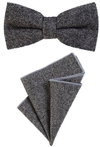 DonDon Herren Fliege 12 x 6 cm gebunden längenverstellbar und Einstecktuch 23 x 23 cm farblich passend aus Baumwolle dunkelgrau schwarz