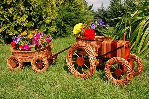 DEKO VERTRIEB BAYERN Premium Traktor+Anhänger 120cm Korbgeflecht Rattan Körbe Pflanzkorb Pflanzkasten, Gartendeko, Pflanzkasten, Blumenkasten, Pflanzhilfe