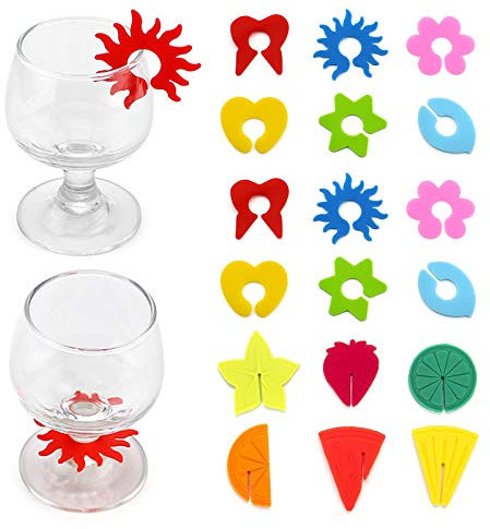 Elinala Silicone Segnabicchieri, Anelli Segna Calici, 18PCS Petali di Fiori Riutilizzabili e Segni Decorativi in Vetro di Vino con Motivo a Frutta per Bicchieri da Vino e Bicchieri per Bevande
