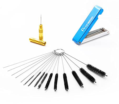 Pronese 3 Set Carbon Dirt Jet Remove Cleaner For Carburetor, Airbrush, Spray Gun-5 Cleaning Needles+10 Nylon Brushes +13 Pieces Cleaning Wires Set + 1 Sharpen Pick Tool Kit，Remove Nozzle Paint, Dirt