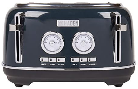 Haden Jersey Steel Blue Toaster 4 Slice – Dual Control With Adjustable Browning Controls - Self Centring Function - Reheat And Defrost Functions – Coated Stainless Steel Housing - 1370-1630w