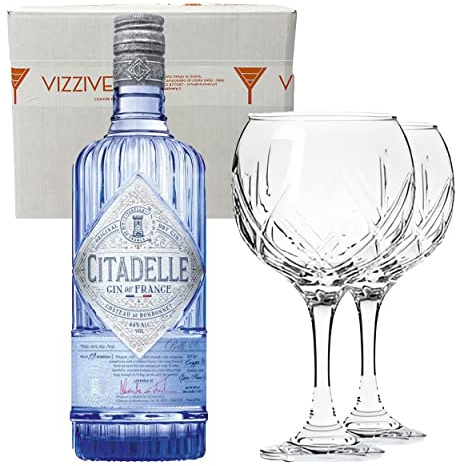 Gin Citadelle 44% Vol. 70 cl - Due Bicchieri In Vetro Borgonovo 620 ml