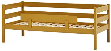 Hoppekids ECO Comfort Kinderbett 70x160 mit Lattenrost und Rausfallschutz | Herbstgelb | Nordisches Umweltzeichen Zertifiziert | FSC®-zertifiziertes massives Kiefernholz aus der EU