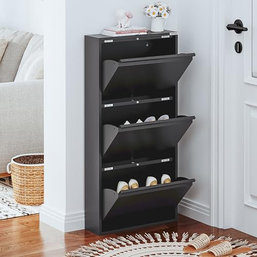 VEEHAUS Schuhregal Hoch Schuhkipper mit Magnetische Abdeckung Metall Montiert Schuhschrank Schmal und Wandmontage (Schwarz, 3 Klappen)