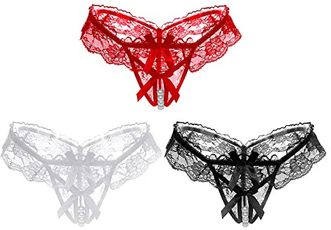 FakeFace 3er Set Damen Slip String Tanga Sexy Dessous mit Perlen, Ouvert-Slip Erotisch String Unterhose Dessous, Erotische Wäsche Damen, Sexy Unterwäsche Panties für Frauen