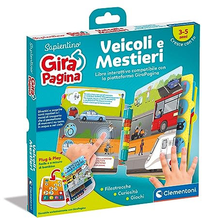 Clementoni - 16646 - Sapientino - Girapagina, Veicoli E Mestieri - Libro Educativo Ed Interattivo per Stimolare L'Interesse alla Lettura, per Bambini dai 2 Anni (Gioco in Italiano)
